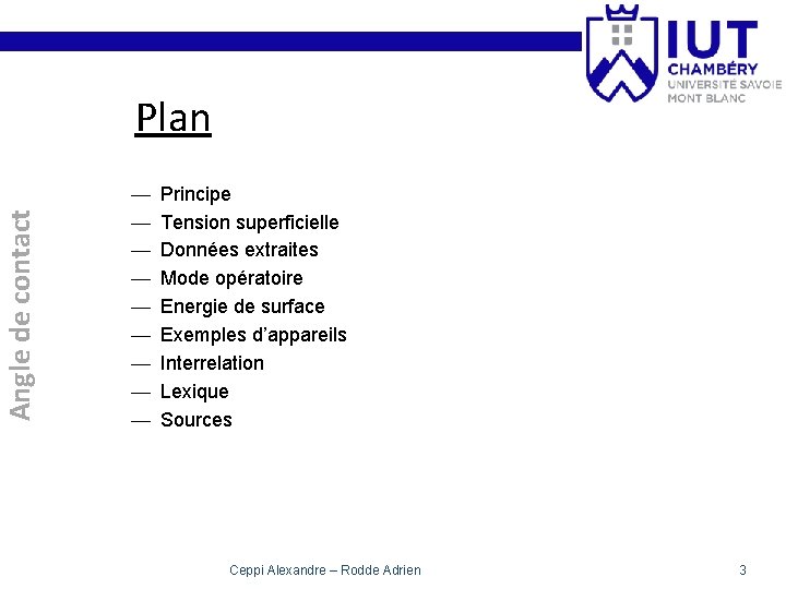 Angle de contact Plan — — — — — Principe Tension superficielle Données extraites