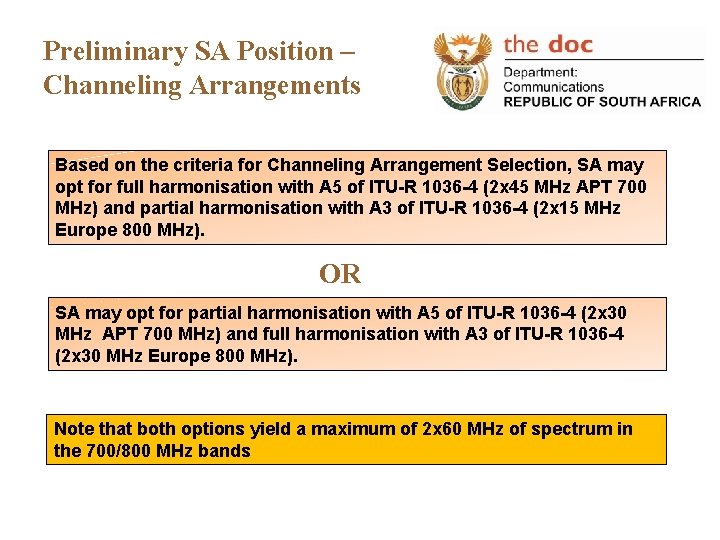 Preliminary SA Position – Channeling Arrangements Based on the criteria for Channeling Arrangement Selection,