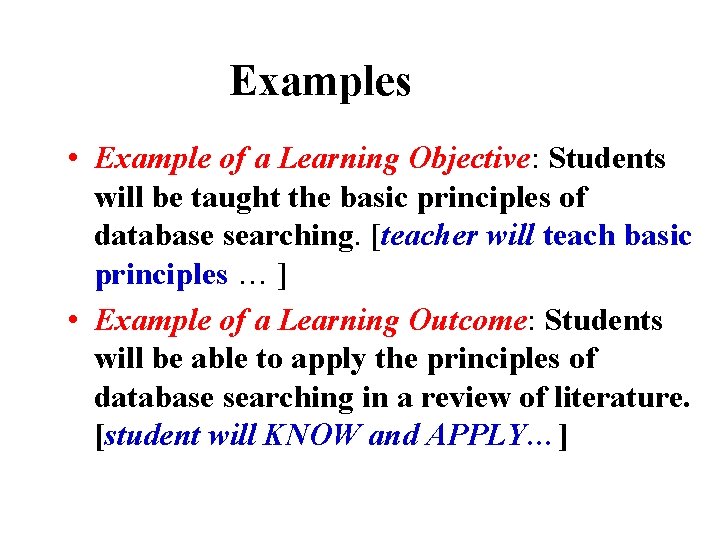 Examples • Example of a Learning Objective: Students will be taught the basic principles