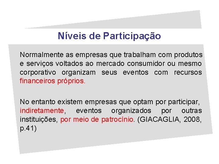 Níveis de Participação Normalmente as empresas que trabalham com produtos e serviços voltados ao