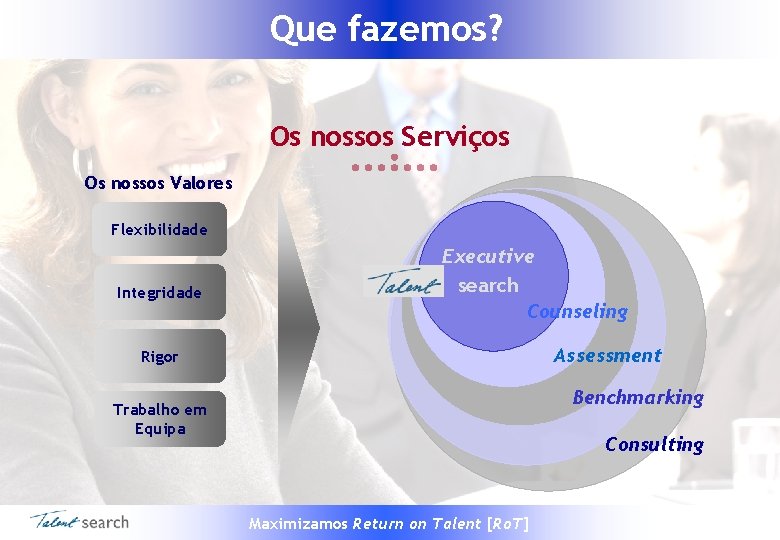 Que fazemos? Os nossos Serviços Os nossos Valores Flexibilidade Integridade Executive search Counseling Assessment
