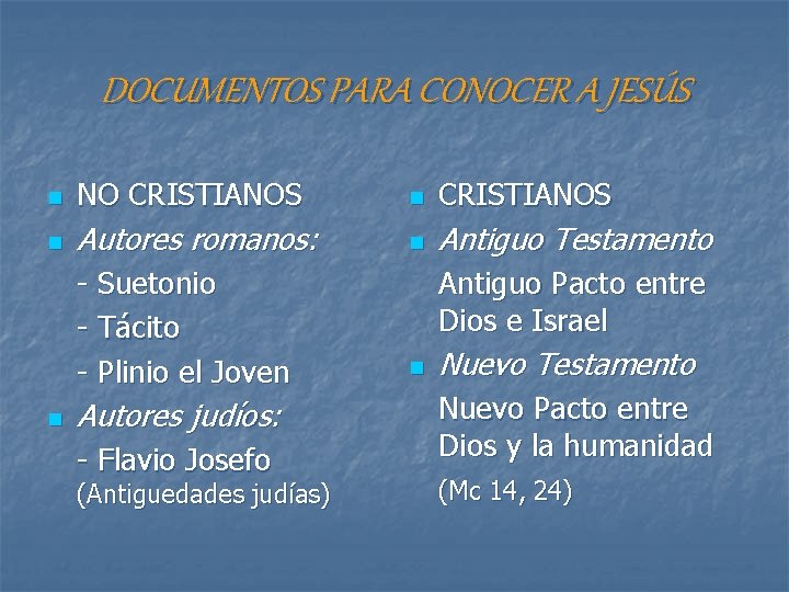 DOCUMENTOS PARA CONOCER A JESÚS n NO CRISTIANOS n Autores romanos: n Antiguo Testamento DOCUMENTOS PARA CONOCER A JESÚS n NO CRISTIANOS n Autores romanos: n Antiguo Testamento