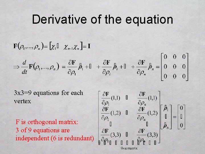 Derivative of the equation 3 x 3=9 equations for each vertex F is orthogonal