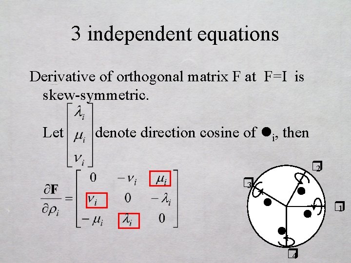 3 independent equations Derivative of orthogonal matrix F at F=I is skew-symmetric. Let denote