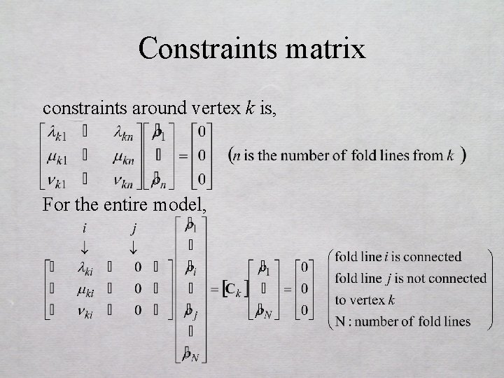 Constraints matrix constraints around vertex k is, For the entire model, 