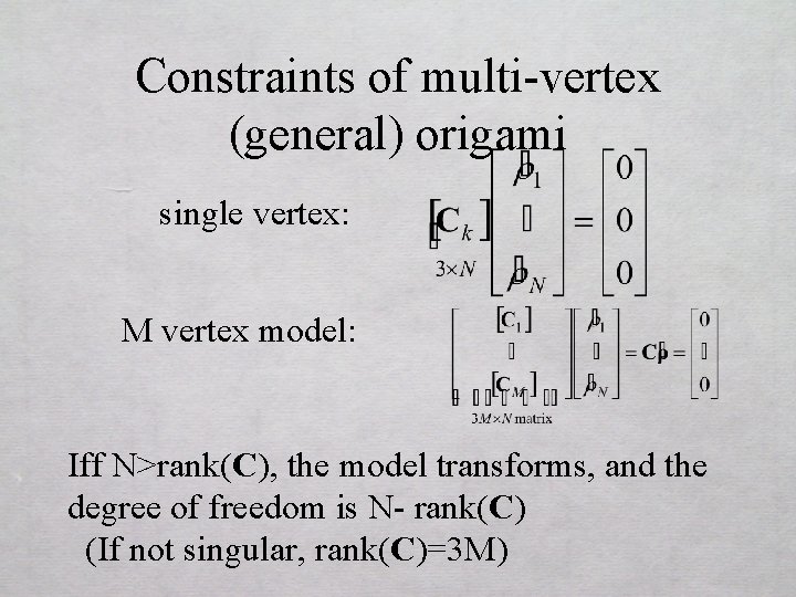 Constraints of multi-vertex (general) origami single vertex: M vertex model: Iff N>rank(C), the model