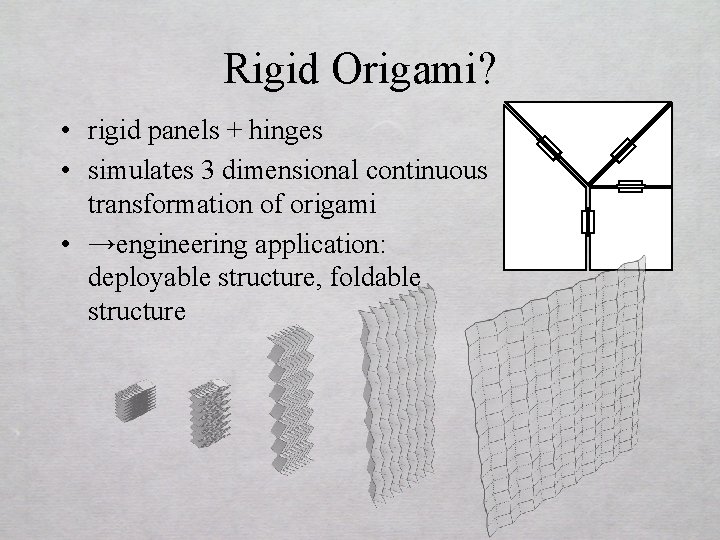 Rigid Origami? • rigid panels + hinges • simulates 3 dimensional continuous transformation of