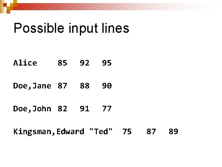 Possible input lines Alice 85 92 95 Doe, Jane 87 88 90 Doe, John