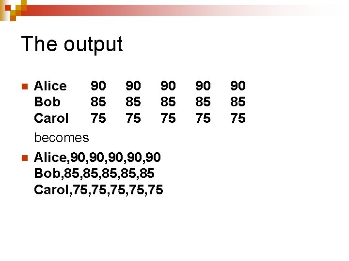 The output n n Alice 90 90 90 Bob 85 85 85 Carol 75