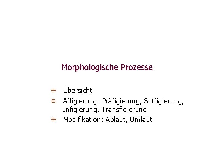 Morphologische Prozesse ° Übersicht ° Affigierung: Präfigierung, Suffigierung, Infigierung, Transfigierung ° Modifikation: Ablaut, Umlaut