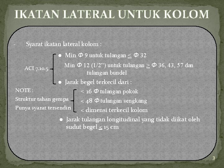 IKATAN LATERAL UNTUK KOLOM - Syarat ikatan lateral kolom : Min Φ 9 untuk