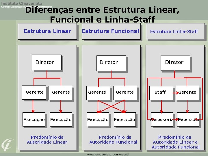 Diferenças entre Estrutura Linear, Funcional e Linha-Staff Estrutura Linear Diretor Estrutura Funcional Diretor Gerente