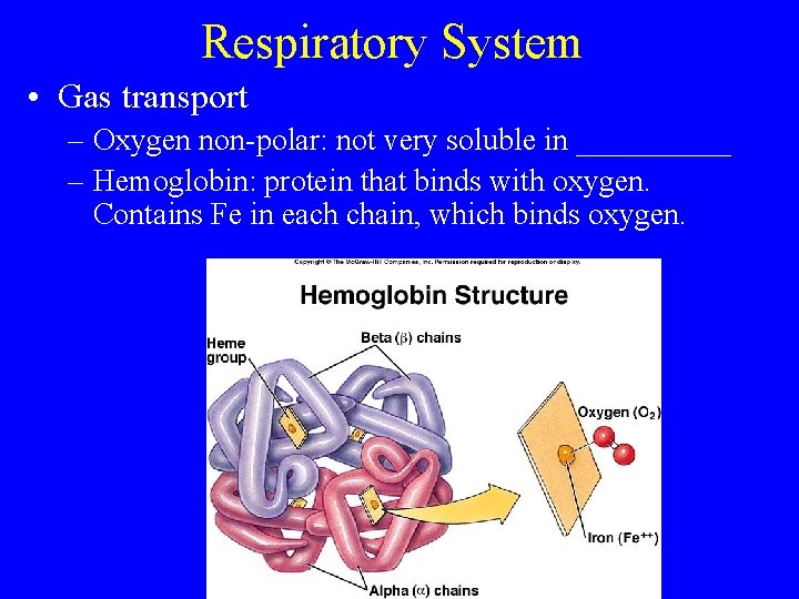 Respiratory System • Gas transport – Oxygen non-polar: not very soluble in _____ –