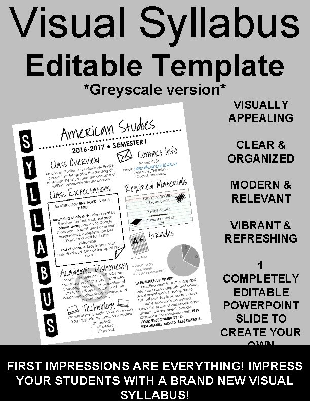 Visual Syllabus Editable Template *Greyscale version* VISUALLY APPEALING CLEAR & ORGANIZED MODERN & RELEVANT