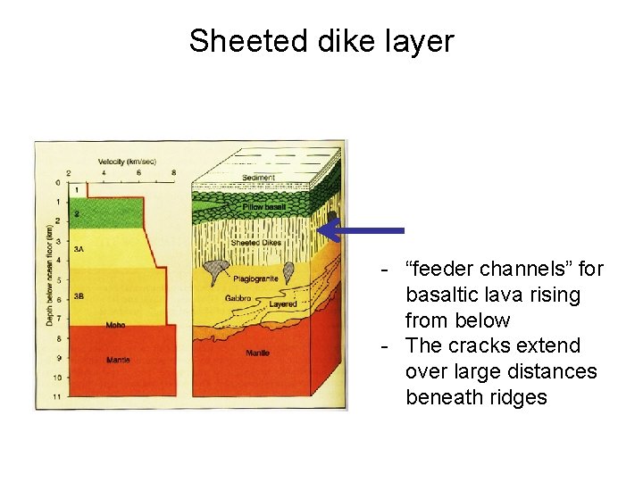 Sheeted dike layer - “feeder channels” for basaltic lava rising from below - The