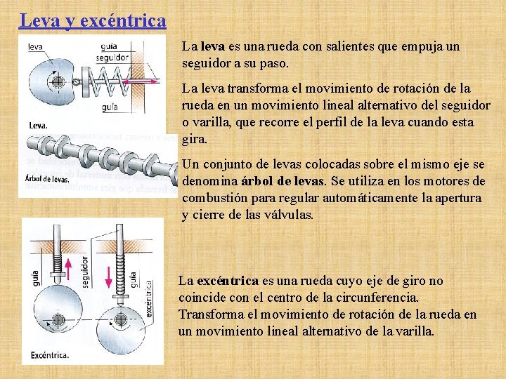 Leva y excéntrica La leva es una rueda con salientes que empuja un seguidor Leva y excéntrica La leva es una rueda con salientes que empuja un seguidor