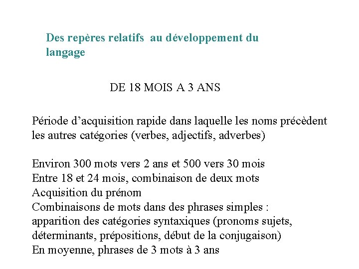 Des repères relatifs au développement du langage DE 18 MOIS A 3 ANS Période