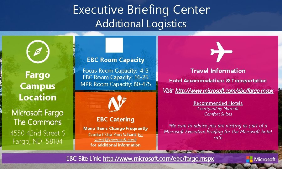Executive Briefing Center Additional Logistics EBC Room Capacity Fargo Campus Location Microsoft Fargo The