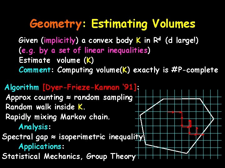Geometry: Estimating Volumes Given (implicitly) a convex body K in Rd (d large!) (e.