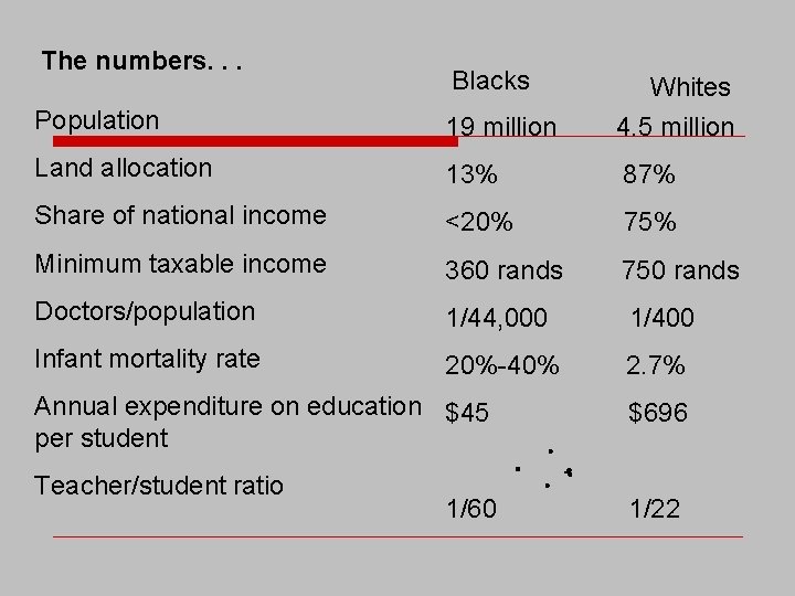 The numbers. . . Blacks Whites Population 19 million 4. 5 million Land allocation