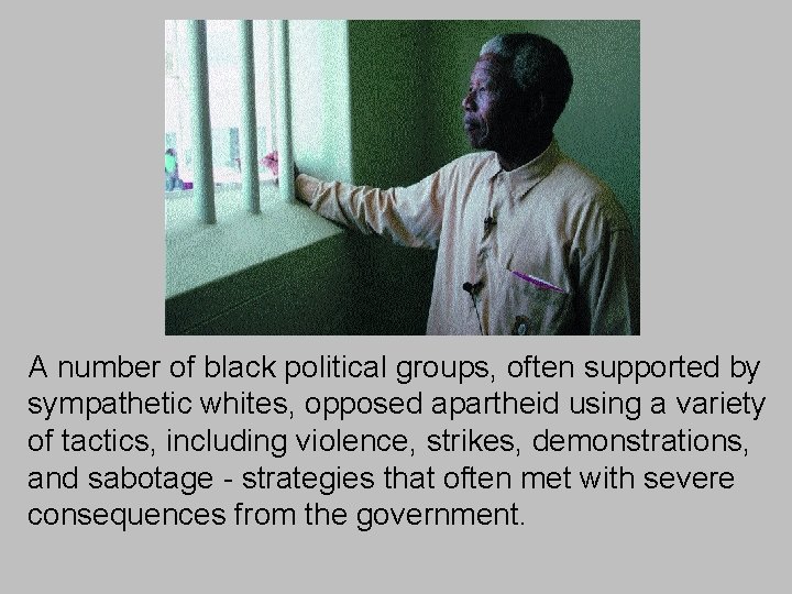 A number of black political groups, often supported by sympathetic whites, opposed apartheid using