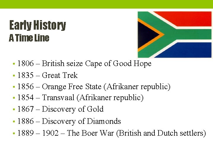 Early History A Time Line • 1806 – British seize Cape of Good Hope