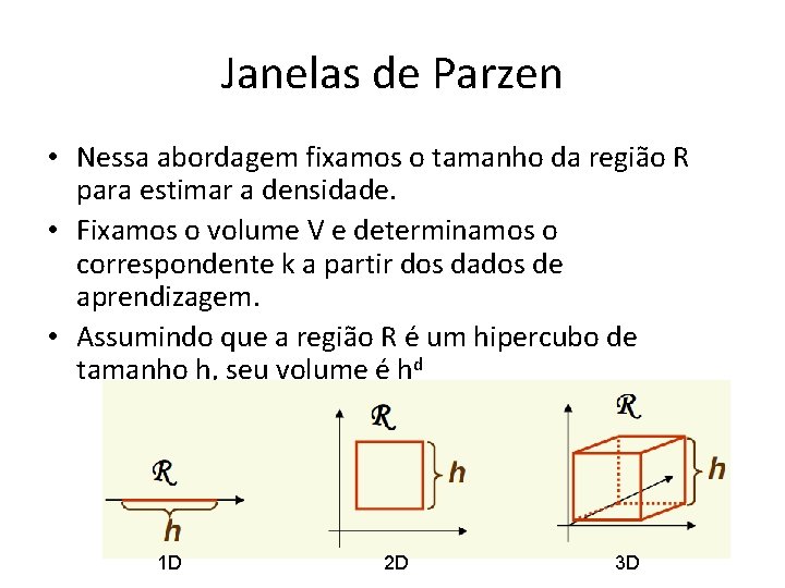 Janelas de Parzen • Nessa abordagem fixamos o tamanho da região R para estimar