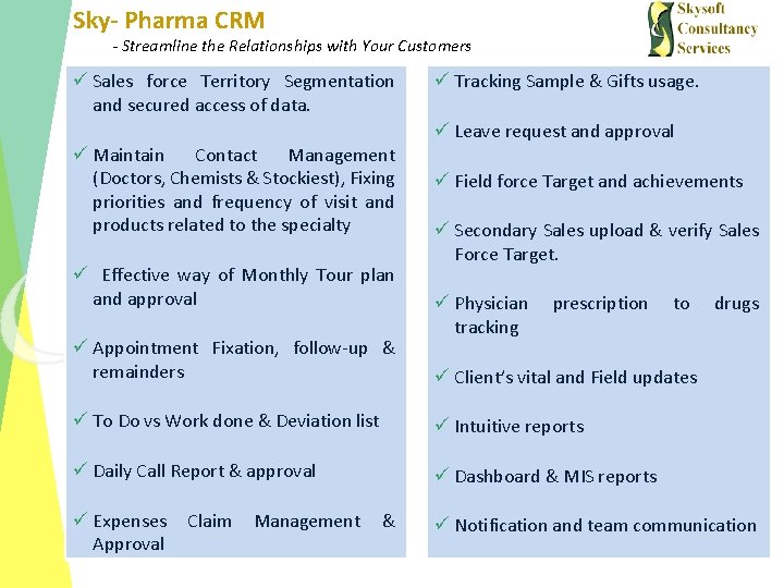 Sky- Pharma CRM - Streamline the Relationships with Your Customers ü Sales force Territory