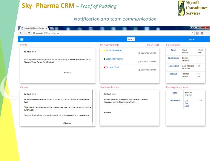 Sky- Pharma CRM – Proof of Pudding Notification and team communication 