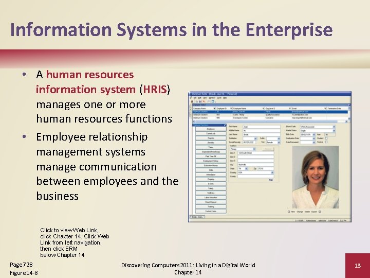 Information Systems in the Enterprise • A human resources information system (HRIS) manages one