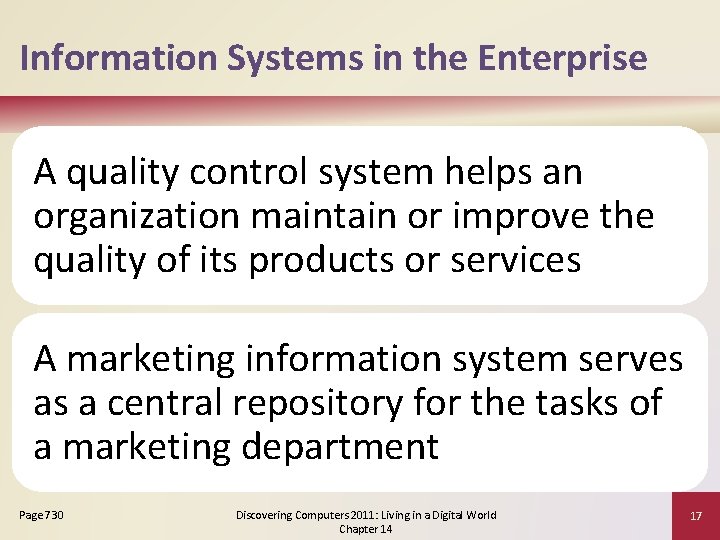 Information Systems in the Enterprise A quality control system helps an organization maintain or