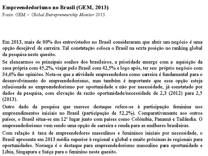 Empreendedorismo no Brasil (GEM, 2013) Fonte: GEM – Global Entrepreneurship Monitor 2013. Em 2013,