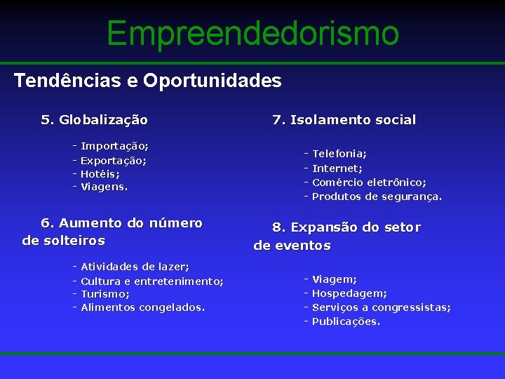 Empreendedorismo Tendências e Oportunidades 5. Globalização - Importação; - Exportação; - Hotéis; - Viagens.