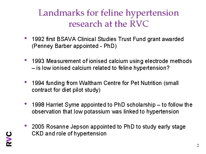 Landmarks for feline hypertension research at the RVC • 1992 first BSAVA Clinical Studies