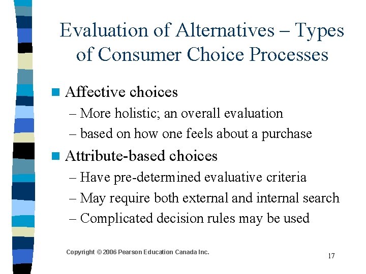 Evaluation of Alternatives – Types of Consumer Choice Processes n Affective choices – More Evaluation of Alternatives – Types of Consumer Choice Processes n Affective choices – More