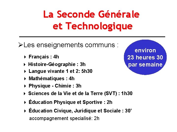 La Seconde Générale et Technologique ØLes enseignements communs : Français : 4 h Histoire-Géographie La Seconde Générale et Technologique ØLes enseignements communs : Français : 4 h Histoire-Géographie