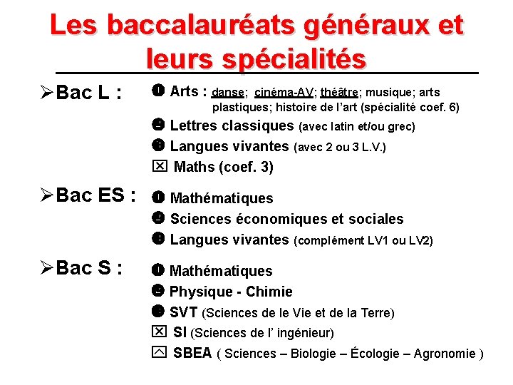 Les baccalauréats généraux et leurs spécialités ØBac L : Arts : danse; cinéma-AV; théâtre;