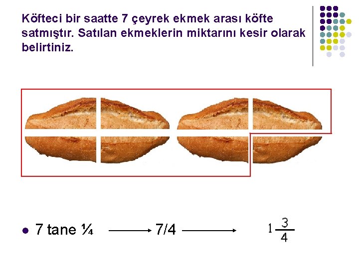 Köfteci bir saatte 7 çeyrek ekmek arası köfte satmıştır. Satılan ekmeklerin miktarını kesir olarak