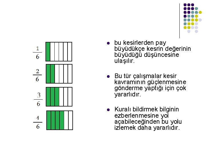 l bu kesirlerden pay büyüdükçe kesrin değerinin büyüdüğü düşüncesine ulaşılır. l Bu tür çalışmalar