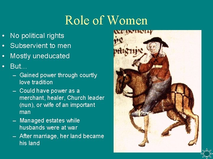 Role of Women • • No political rights Subservient to men Mostly uneducated But…