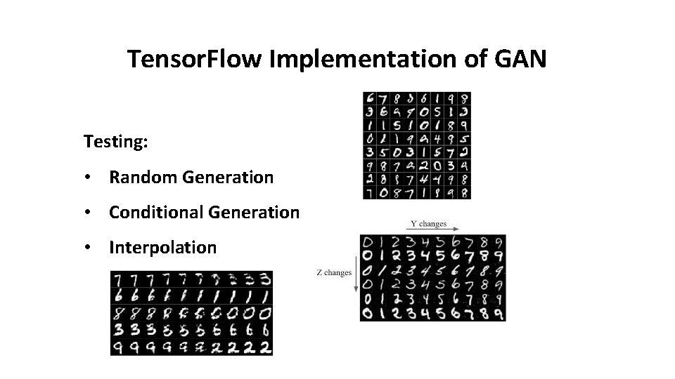 Tensor. Flow Implementation of GAN Testing: • Random Generation • Conditional Generation • Interpolation
