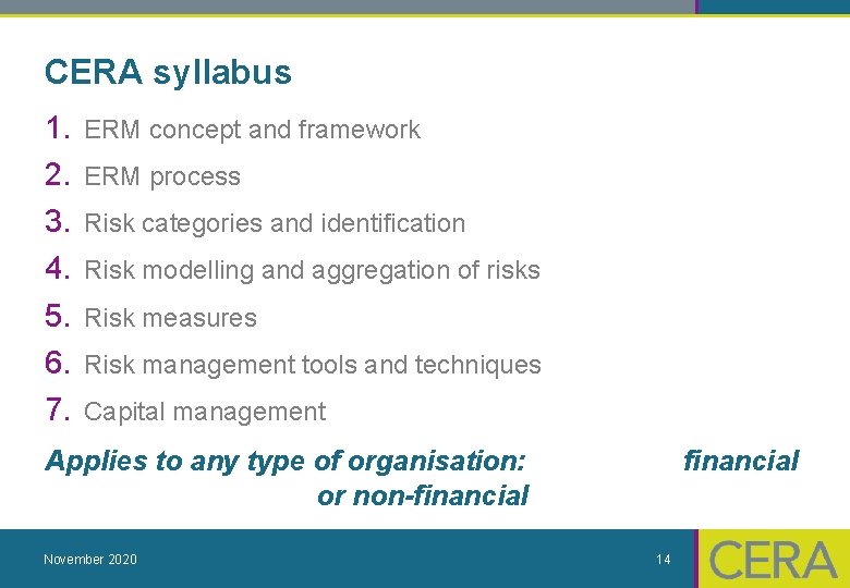 CERA syllabus 1. 2. 3. 4. 5. 6. 7. ERM concept and framework ERM