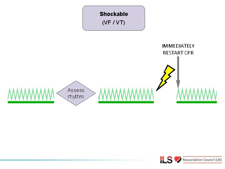 Shockable (VF / VT) Shockable IMMEDIATELY RESTART CPR Assess rhythm 