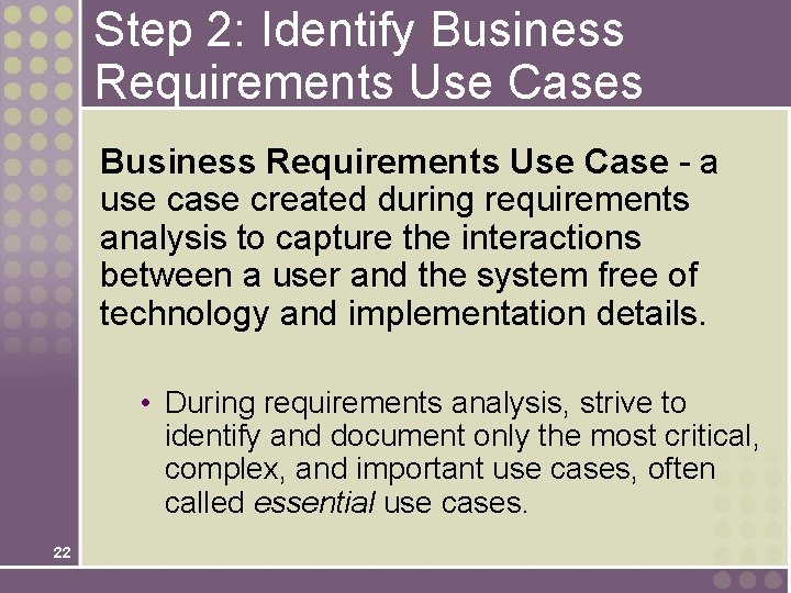 Step 2: Identify Business Requirements Use Cases Business Requirements Use Case - a use