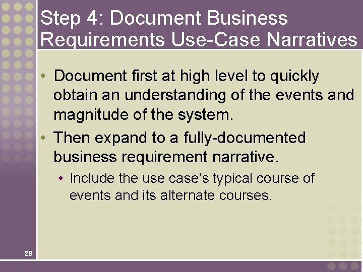 Step 4: Document Business Requirements Use-Case Narratives • Document first at high level to