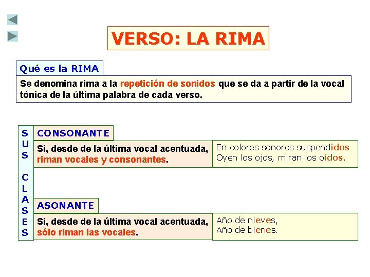 VERSO: LA RIMA Qué es la RIMA Se denomina rima a la repetición de