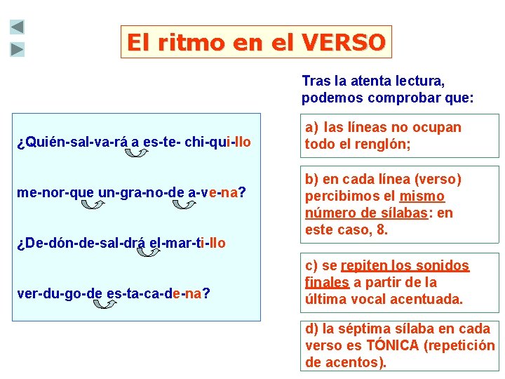 El ritmo en el VERSO Tras la atenta lectura, podemos comprobar que: ¿Quién-sal-va-rá a