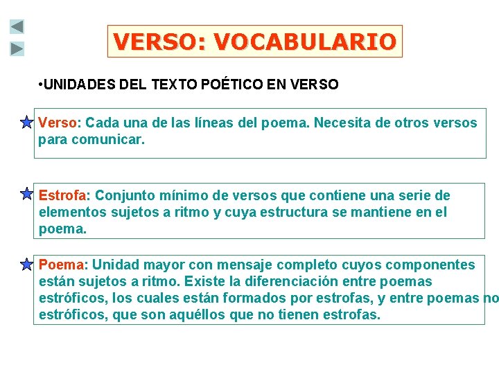 VERSO: VOCABULARIO • UNIDADES DEL TEXTO POÉTICO EN VERSO Verso: Cada una de las