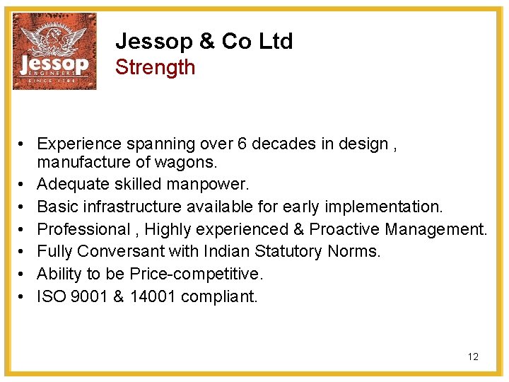 Jessop & Co Ltd Strength • Experience spanning over 6 decades in design ,