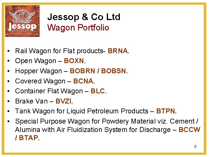 Jessop & Co Ltd Wagon Portfolio • • Rail Wagon for Flat products- BRNA.